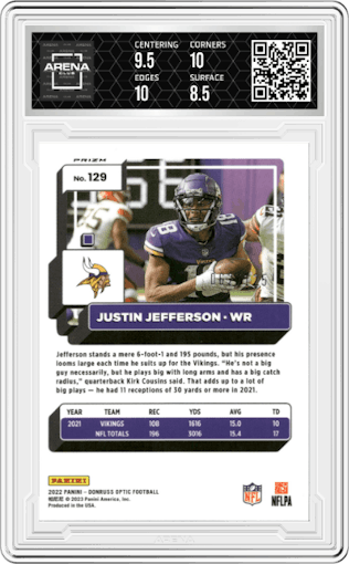 Justin Jefferson from the 2022 Panini Donruss Optic set featuring a Silver Circles parallel graded by Arena Club and given an overall grade of 9.