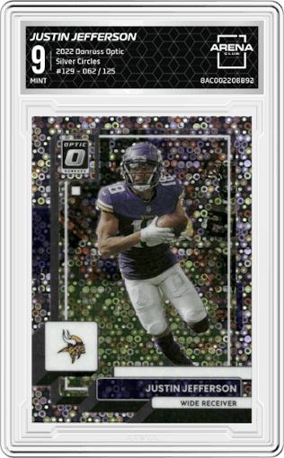 Justin Jefferson from the 2022 Panini Donruss Optic set featuring a Silver Circles parallel graded by Arena Club and given an overall grade of 9.
