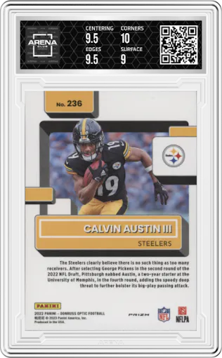 Calvin Austin III  from the 2022 Panini Donruss Optic set featuring a Holo parallel graded by Arena Club and given an overall grade of 9.5.