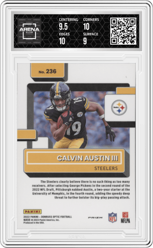 Calvin Austin III  from the 2022 Panini Donruss Optic set featuring a Holo parallel graded by Arena Club and given an overall grade of 9.5.