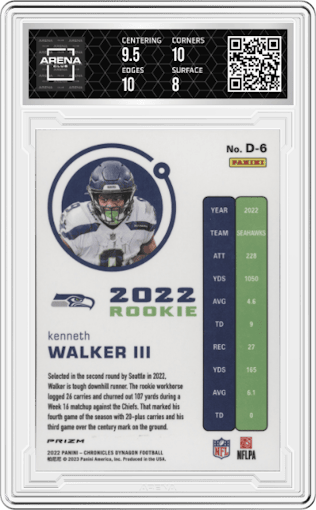 Kenneth Walker III from the 2022 Panini Chronicles set featuring a Silver parallel graded by Arena Club and given an overall grade of 8.5.
