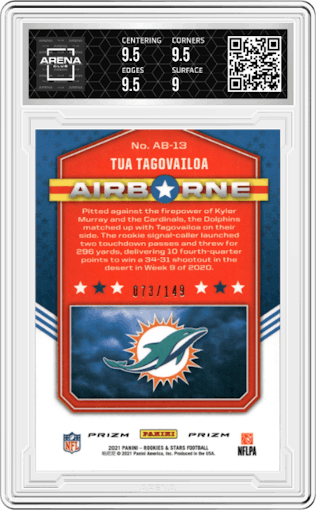 Tua Tagovailoa from the 2021 Panini Rookies & Stars set featuring a White parallel graded by Arena Club and given an overall grade of 9.5.