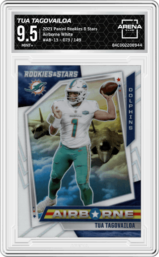 Tua Tagovailoa from the 2021 Panini Rookies & Stars set featuring a White parallel graded by Arena Club and given an overall grade of 9.5.