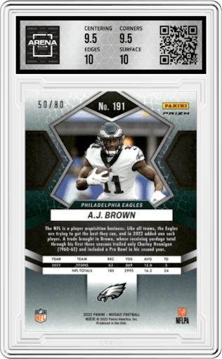 A.J. Brown  from the 2022 Panini Mosaic set featuring a Choice Fusion Red & Yellow parallel graded by Arena Club and given an overall grade of 10.
