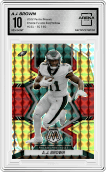 A.J. Brown  from the 2022 Panini Mosaic set featuring a Choice Fusion Red & Yellow parallel graded by Arena Club and given an overall grade of 10.