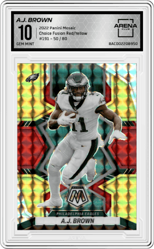 A.J. Brown  from the 2022 Panini Mosaic set featuring a Choice Fusion Red & Yellow parallel graded by Arena Club and given an overall grade of 10.
