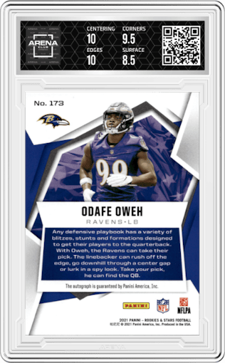Odafe Oweh from the 2021 Panini Rookies & Stars set featuring a Orange parallel graded by Arena Club and given an overall grade of 9.