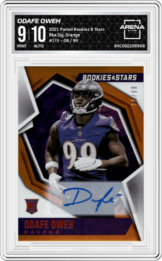 Odafe Oweh from the 2021 Panini Rookies & Stars set featuring a Orange parallel graded by Arena Club and given an overall grade of 9.