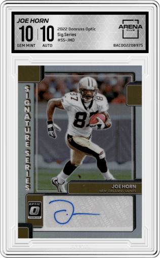 Joe Horn from the 2022 Panini Donruss Optic set graded by Arena Club and given an overall grade of 10.