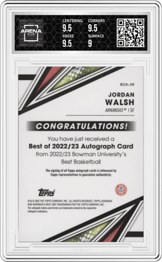 Jordan Walsh from the 2022-23 Bowman University Best set graded by Arena Club and given an overall grade of 9.5.