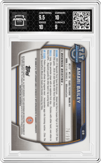 Amari Bailey from the 2022-23 Bowman University Chrome set featuring a Green Refractor parallel graded by Arena Club and given an overall grade of 9.5.