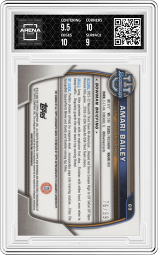 Amari Bailey from the 2022-23 Bowman University Chrome set featuring a Green Refractor parallel graded by Arena Club and given an overall grade of 9.5.