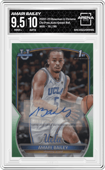 Amari Bailey from the 2022-23 Bowman University Chrome set featuring a Green Refractor parallel graded by Arena Club and given an overall grade of 9.5.