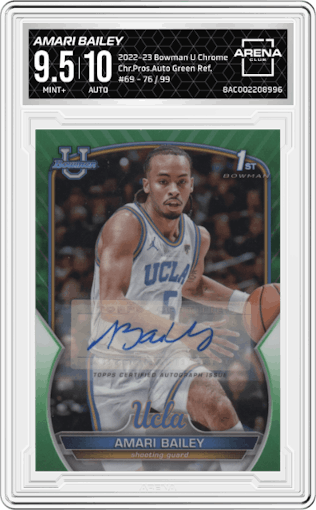 Amari Bailey from the 2022-23 Bowman University Chrome set featuring a Green Refractor parallel graded by Arena Club and given an overall grade of 9.5.