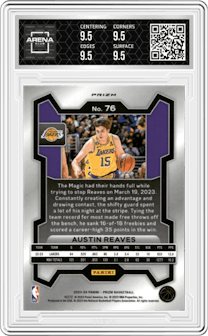 Austin Reaves from the 2023-24 Panini Prizm set featuring a Choice Blue/Yellow/Green parallel graded by Arena Club and given an overall grade of 9.5.