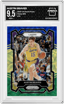Austin Reaves from the 2023-24 Panini Prizm set featuring a Choice Blue/Yellow/Green parallel graded by Arena Club and given an overall grade of 9.5.