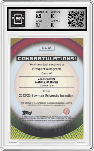 Jordan Hawkins from the 2022-23 Bowman University Inception set featuring a Fuchsia Foil parallel graded by Arena Club and given an overall grade of 10.