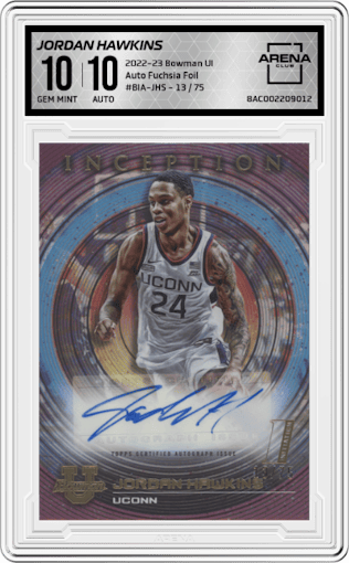Jordan Hawkins from the 2022-23 Bowman University Inception set featuring a Fuchsia Foil parallel graded by Arena Club and given an overall grade of 10.
