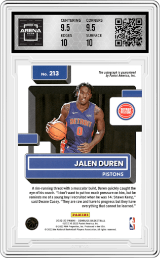 Jalen Duren from the 2022-23 Panini Donruss set featuring a Choice parallel graded by Arena Club and given an overall grade of 10.
