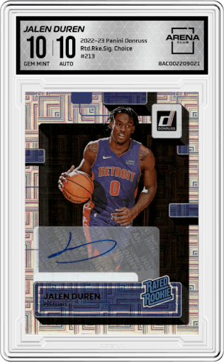 Jalen Duren from the 2022-23 Panini Donruss set featuring a Choice parallel graded by Arena Club and given an overall grade of 10.