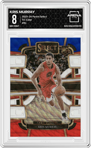 Kris Murray from the 2023-24 Panini Select  set featuring a Tri-Color parallel graded by Arena Club and given an overall grade of 8.