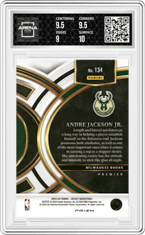 Andre Jackson Jr. from the 2023-24 Panini Select  set featuring a Tri-Color Prizm parallel graded by Arena Club and given an overall grade of 9.5.