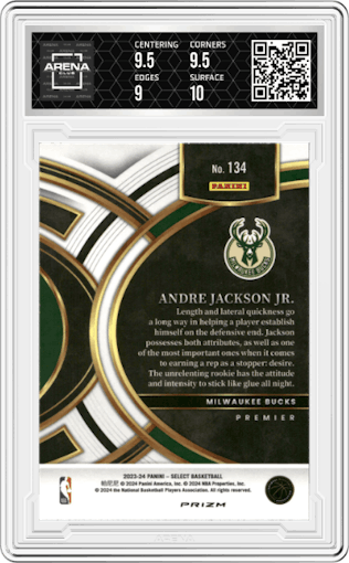 Andre Jackson Jr. from the 2023-24 Panini Select  set featuring a Tri-Color Prizm parallel graded by Arena Club and given an overall grade of 9.5.