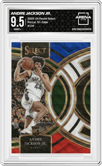 Andre Jackson Jr. from the 2023-24 Panini Select  set featuring a Tri-Color Prizm parallel graded by Arena Club and given an overall grade of 9.5.