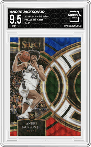 Andre Jackson Jr. from the 2023-24 Panini Select  set featuring a Tri-Color Prizm parallel graded by Arena Club and given an overall grade of 9.5.