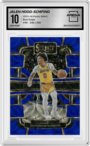 Jalen Hood-Schifino from the 2023-24 Panini Select  set featuring a Blue Scope parallel graded by Arena Club and given an overall grade of 10.
