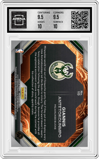 Giannis Antetokounmpo from the 2023-24 Panini Prizm set featuring a Fast Break parallel graded by Arena Club and given an overall grade of 10.