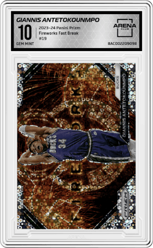 Giannis Antetokounmpo from the 2023-24 Panini Prizm set featuring a Fast Break parallel graded by Arena Club and given an overall grade of 10.