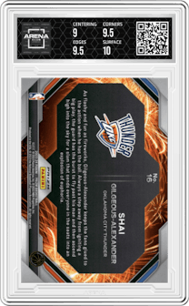 Shai Gilgeous-Alexander from the 2023-24 Panini Prizm set featuring a Fast Break parallel graded by Arena Club and given an overall grade of 9.5.