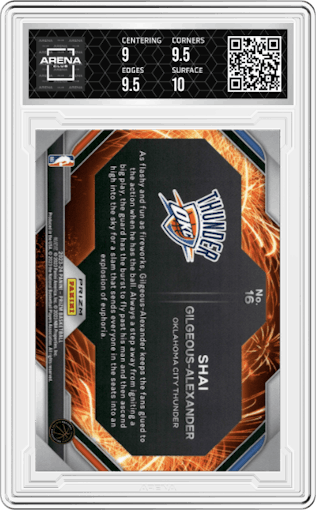 Shai Gilgeous-Alexander from the 2023-24 Panini Prizm set featuring a Fast Break parallel graded by Arena Club and given an overall grade of 9.5.