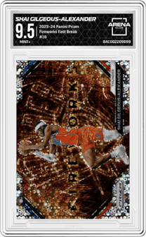 Shai Gilgeous-Alexander from the 2023-24 Panini Prizm set featuring a Fast Break parallel graded by Arena Club and given an overall grade of 9.5.