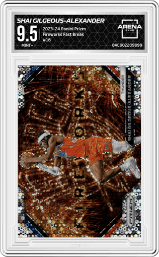 Shai Gilgeous-Alexander from the 2023-24 Panini Prizm set featuring a Fast Break parallel graded by Arena Club and given an overall grade of 9.5.