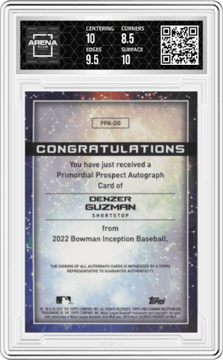 Denzer Guzman from the 2022 Bowman Inception set featuring a Blue Foil parallel graded by Arena Club and given an overall grade of 9.