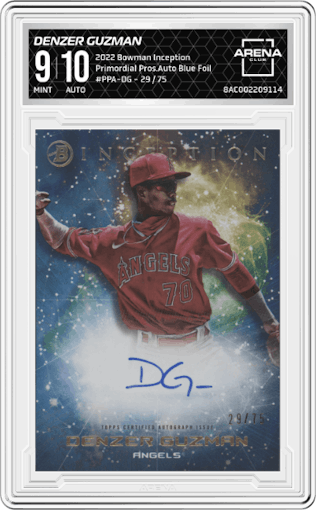 Denzer Guzman from the 2022 Bowman Inception set featuring a Blue Foil parallel graded by Arena Club and given an overall grade of 9.