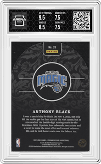 Anthony Black from the 2023-24 Panini Crown Royale  set featuring a Red parallel graded by Arena Club and given an overall grade of 8.