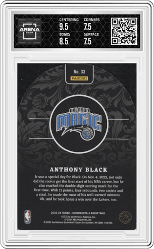 Anthony Black from the 2023-24 Panini Crown Royale  set featuring a Red parallel graded by Arena Club and given an overall grade of 8.