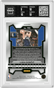 Luka Doncic from the 2023-24 Panini Prizm set featuring a Fast Break parallel graded by Arena Club and given an overall grade of 9.5.