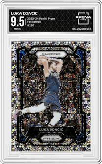 Luka Doncic from the 2023-24 Panini Prizm set featuring a Fast Break parallel graded by Arena Club and given an overall grade of 9.5.