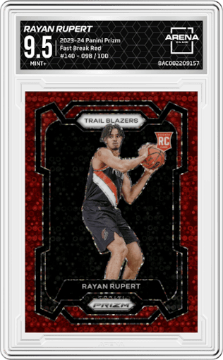 Rayan Rupert from the 2023-24 Panini Prizm set featuring a Fast Break Red parallel graded by Arena Club and given an overall grade of 9.5.