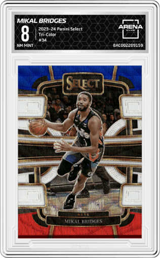 Mikal Bridges from the 2023-24 Panini Select  set featuring a Tri-Color Prizm parallel graded by Arena Club and given an overall grade of 8.