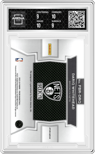 Dariq Whitehead from the 2023-24 Panini Prizm set graded by Arena Club and given an overall grade of 9.5.