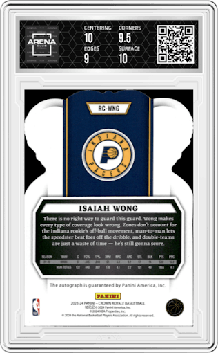 Isaiah Wong  from the 2023-24 Panini Crown Royale  set graded by Arena Club and given an overall grade of 9.5.