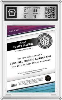 Cam Whitmore from the 2023-24 Topps Chrome set graded by Arena Club and given an overall grade of 10.