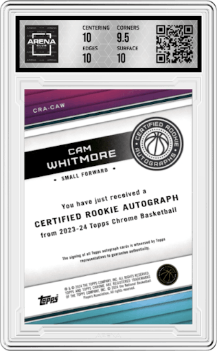 Cam Whitmore from the 2023-24 Topps Chrome set graded by Arena Club and given an overall grade of 10.