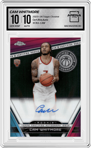 Cam Whitmore from the 2023-24 Topps Chrome set graded by Arena Club and given an overall grade of 10.