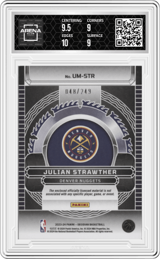 Julian Strawther from the 2023-24 Panini Obsidian set graded by Arena Club and given an overall grade of 9.5.
